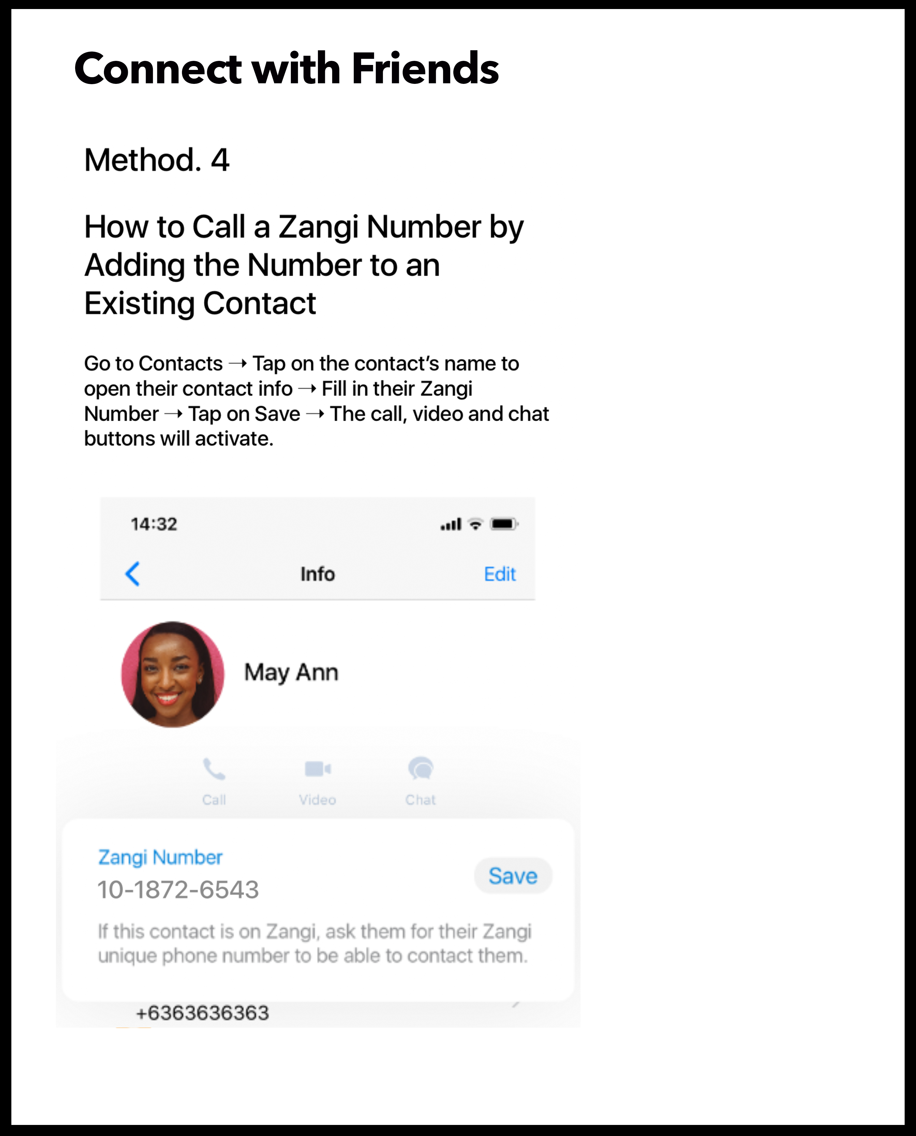 how to call a zangi number by adding their number to an existing contact